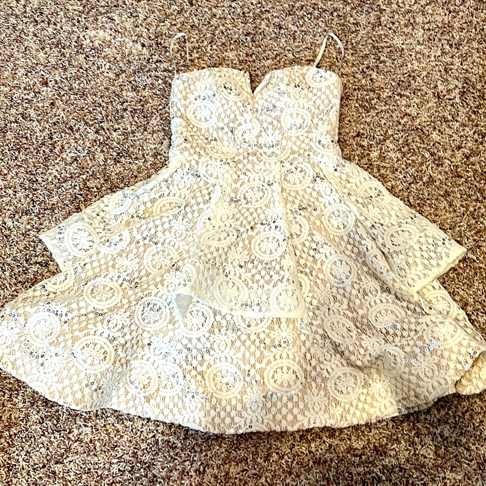 Cream with silver sequins Sequin Hearts strapless dress.